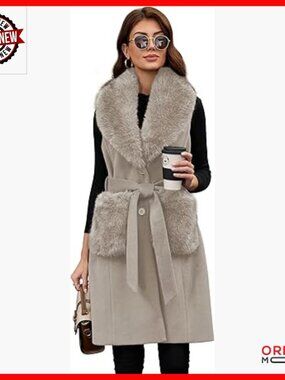 Long Wool Vest with Belt and Detachable Faux Fur Collar, Sleeveless Coat